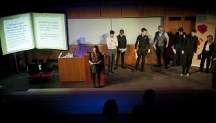 Long shot of the 'Rememberance Sunday' event at Huddersfield Literature Festival