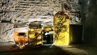 lit bottles on shelf